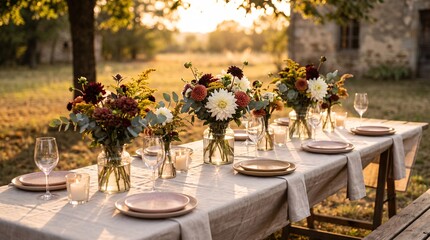 Fototapeta premium Beautiful rustic outdoor dining table set for a wedding banquet at sunset in a rural garden