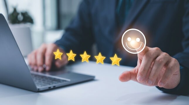 Close-up of hand selecting five star rating with smiley face icon on digital interface, representing customer satisfaction feedback and positive user experience review system.