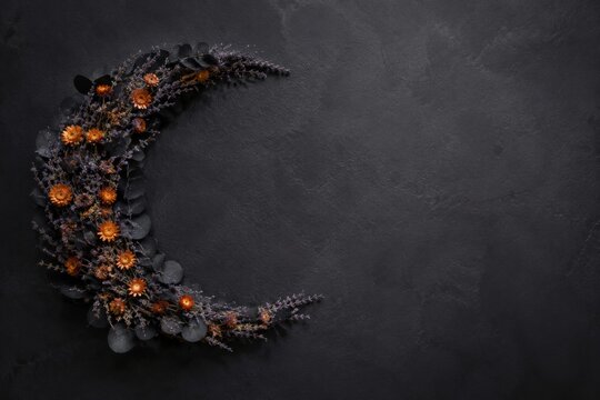 Botanical Crescent Moon Wreath on Black Halloween Background