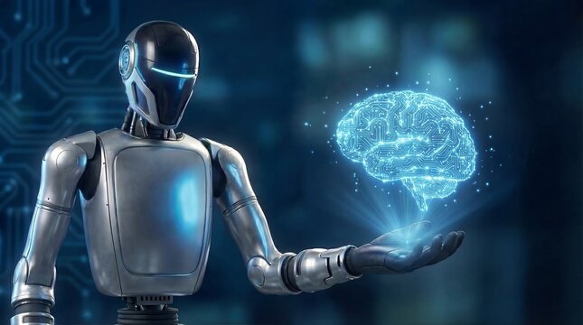 Robot holding glowing holographic brain with circuit pattern on dark blue tech background 3d render