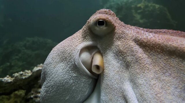 Extreme closeup of a common octopus underwater at the Jerusalem Aquarium in Israel, highlighting detailed skin texture, eye, tentacles and natural marine habitat