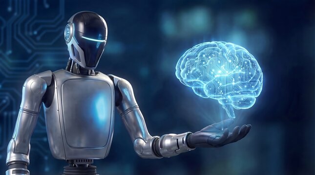 Robot holding glowing holographic brain with circuit pattern in dark blue tech studio 3d render