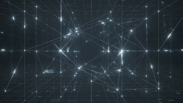 Digital data points connecting through a glowing abstract network grid in dark cyberspace