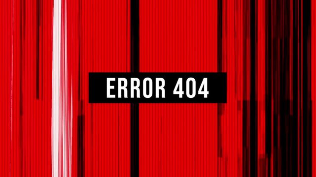 Error 404 message on red and white glitch background with speed lines