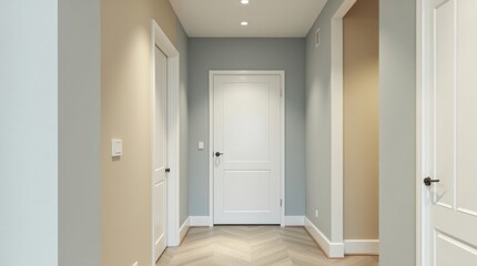 Fototapeta premium Pasillo de apartamentos con muestras de pintura en acabados mate, cáscara de huevo y satinado