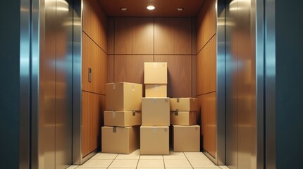 Naklejka premium Ascensor de edificio de apartamentos lleno de cajas de mudanza cuidadosamente apiladas, listas para ser trasladadas entre plantas