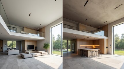 Obraz premium Antes y después: casa moderna de concepto abierto con una sección totalmente renovada y otra aún en construcción