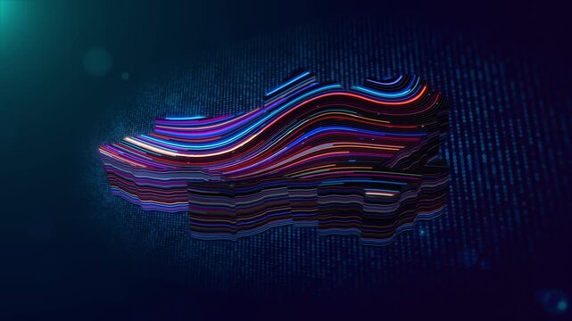 Futuristic Ukraine map reveal animation shows flowing luminous lines, colorful glowing accents, digital particles, grid patterns, and dimensional depth against a dark blue technological screen.