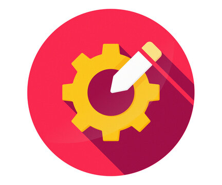 Edit settings icon PNG image template. Flat round red gear with pencil customization symbol, process configuration, UI web app graphic element. Transparent background