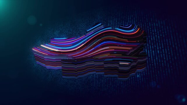 Dynamic Ukraine map reveal animation features glowing wavy lines, colorful neon lighting, digital particles, grid elements, dimensional depth, and animated Ukraine text.