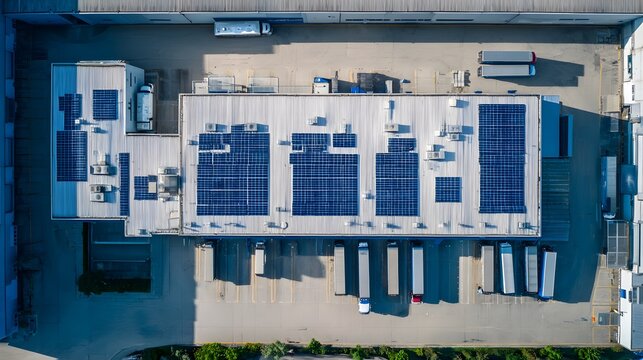Industrial warehouse rooftop solar panels powering sustainable energy generation