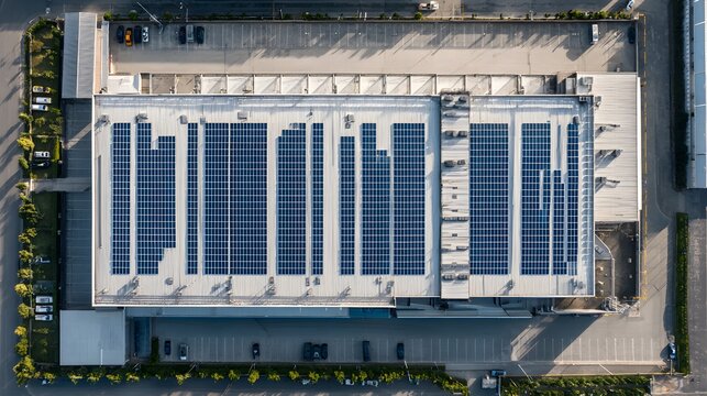 Aerial view of a large industrial building with extensive solar panel installation on its roof
