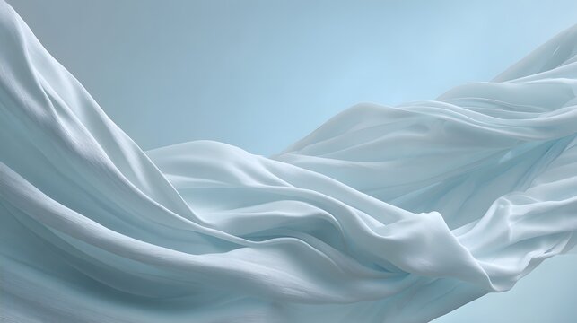 Abstract flowing white and pale blue fabric gently drifting in soft light