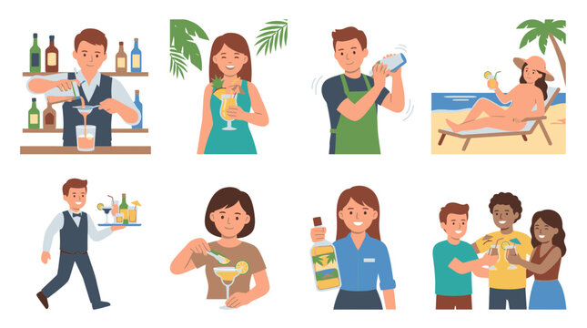 Set of diverse professional bartenders and happy people enjoying refreshing tropical cocktails at the beach and bar