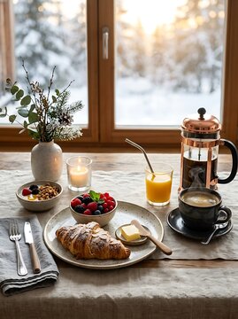 Cozy winter breakfast with coffee croissant and fruit