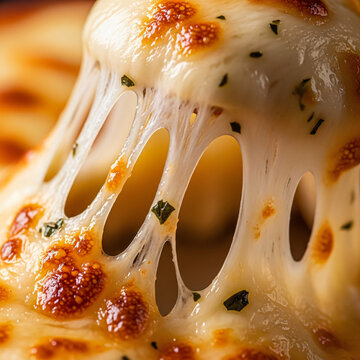 Close up of delicious melted stretchy mozzarella cheese on a freshly baked pizza.