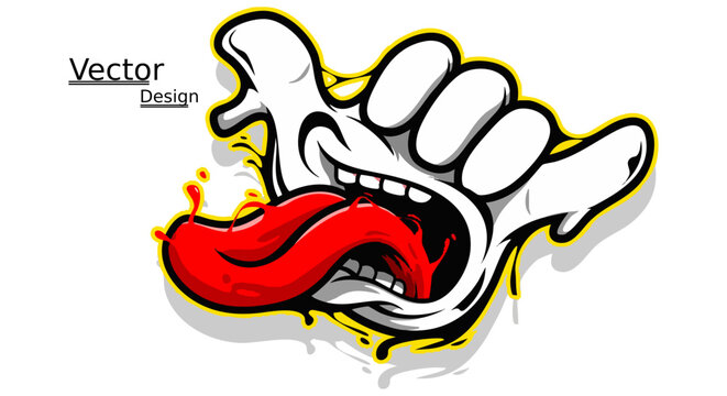 Cartoon hand gesture showing shaka sign with protruding red liquid tongue in bold artistic vector graphic style featuring thick black outlines and vibrant yellow highlights for extreme sports logo des