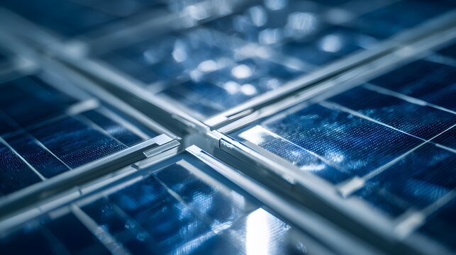 Close-up macro view of modern photovoltaic solar panels with metallic frames