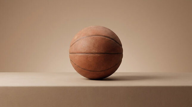 A single textured basketball centered on a clean minimalist surface against a neutral background representing professional sports equipment and training