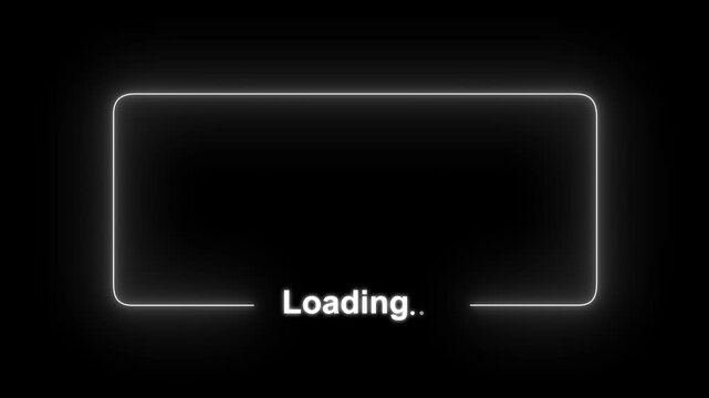 Abstract glowing neon line frame and loading text animation on black background.