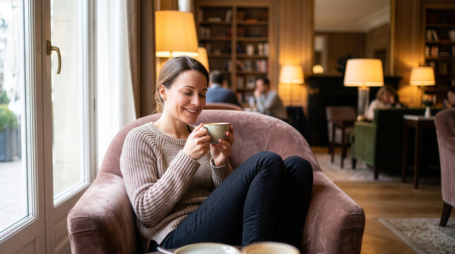 Woman Relaxing in Hotel Lobby Armchair with Coffee Cup