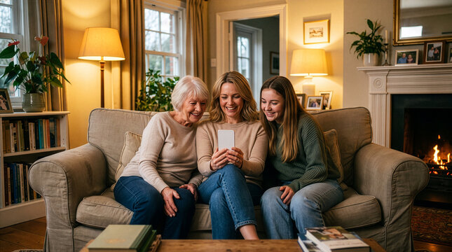 Three Generations of Women Smiling at Phone on Living Room Sofa