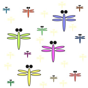 Colorful Cute Dragonfly Seamless Pattern on White Background