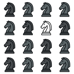 Chess knight piece icons in various minimalist styles. © aikomoeru