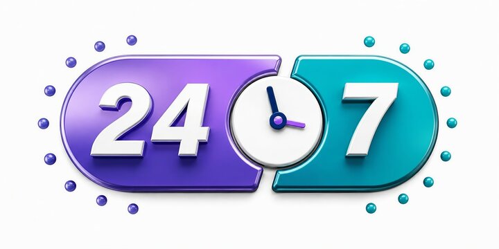24/7 availability service clock icon with digital bubbles
