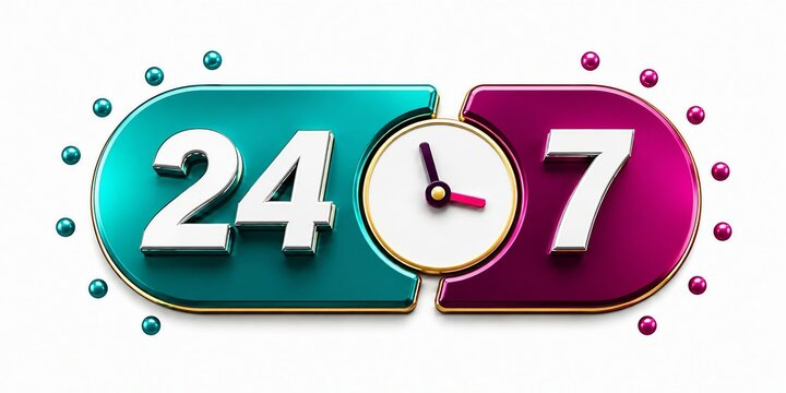 Modern 24/7 clock graphic with colorful digital numbers and analog clock design