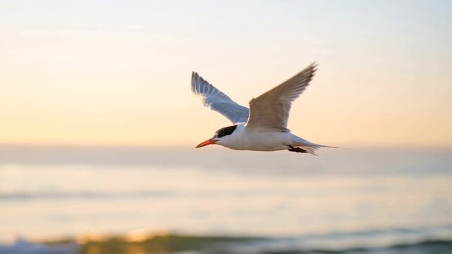 elegant tern flying close up over la jolla coast in soft morning light video