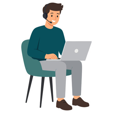Man wearing headset working on laptop vector illustration
