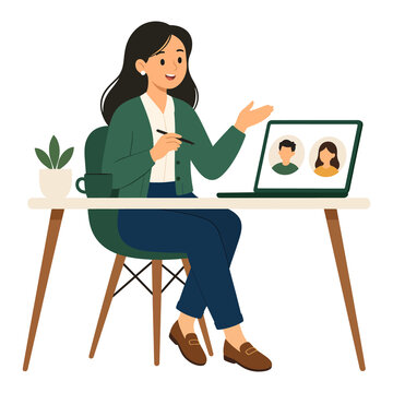 Woman having online meeting on laptop at desk vector illustration