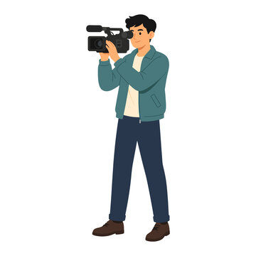 Male videographer filming with professional camera vector illustration