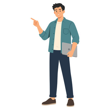 Young man holding laptop and pointing vector illustration