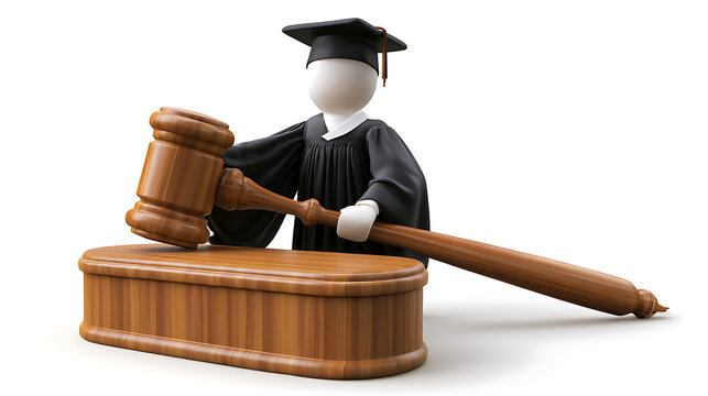 A 3D model of a judge in robes and holding a gavel. The image is high-resolution a