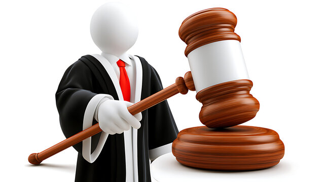3D judge with robe and hammer. Rendered at high resolution on a white background with diffuse shadows.
