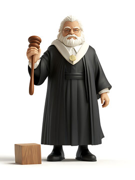A rendering depicting a distinguished-looking judge in a traditional black robe with a white collar, holding a wooden gavel in one hand.