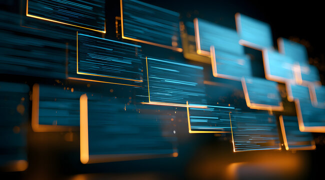 A clear digital idea of organized data files flowing as a stream, symbolizing efficient data management and cloud storage options, with glowing lines and particles against a dark background.