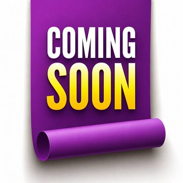 Coming soon banner on purple background with rolled edge