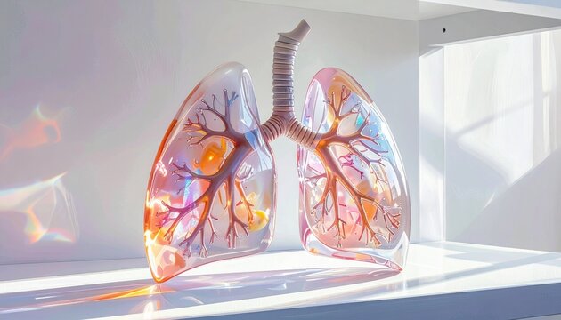 Detailed anatomical model of human lungs on display.