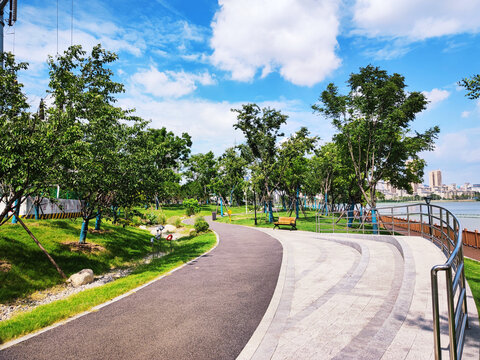 Urban Waterfront Greenway Park with Trees and City Skyline