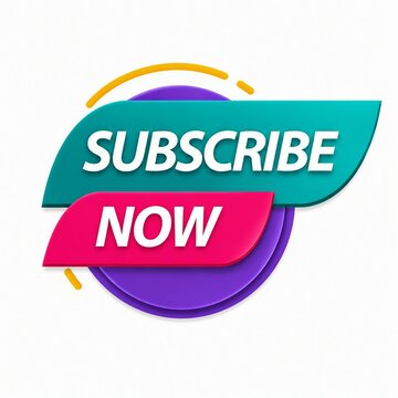 Colorful subscribe now badge with gradient ribbon and playful design