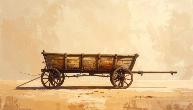 Old wooden cart with large wheels on sandy ground.