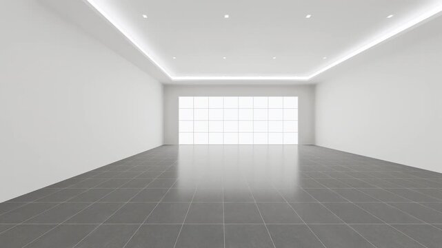 3d rendering of modern interior with dark tiled floor, panoramic window, recessed ceiling lights, slow motion dolly pan camera movement, showroom visualization, clean business background.