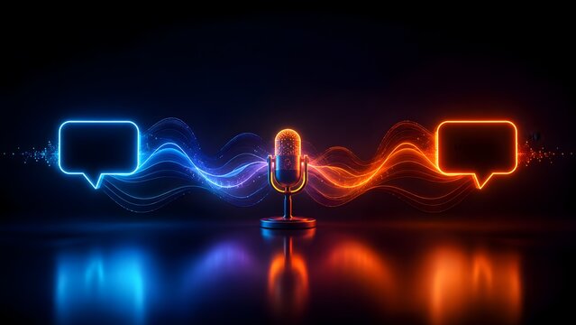 Glowing vintage microphone with blue and orange chat bubbles and sound waves representing podcast interview radio broadcast and voice communication