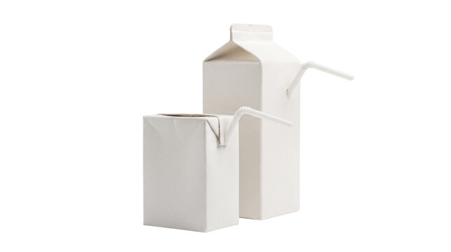 Minimalist white juice carton mockup, blank beverage packaging with straws, clean paper milk box containers for branding isolated PNG with Transparent Background