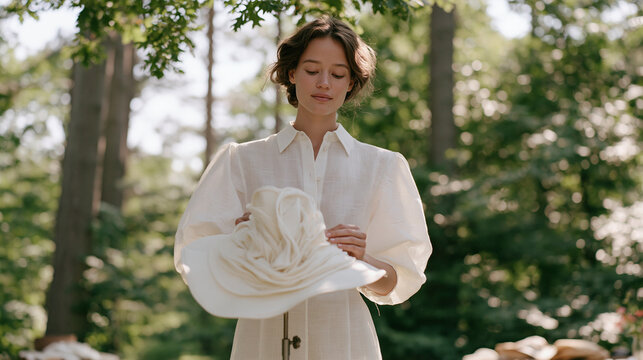 A milliner works alone in an outdoor woodland studio at midday, pinning a sculptural wide-brim hat onto a stand, the surrounding oak canopy providing dappled framing, the solitary