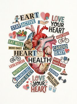 Heart health collage with anatomical illustration and wellness tips