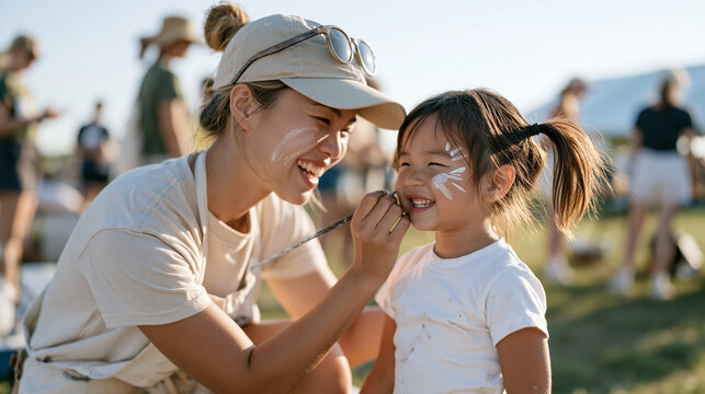 A face painter crouches beside a child client at a quiet rural country fair, a wide diverse team of event volunteers working around them in the background, open fields and gentle